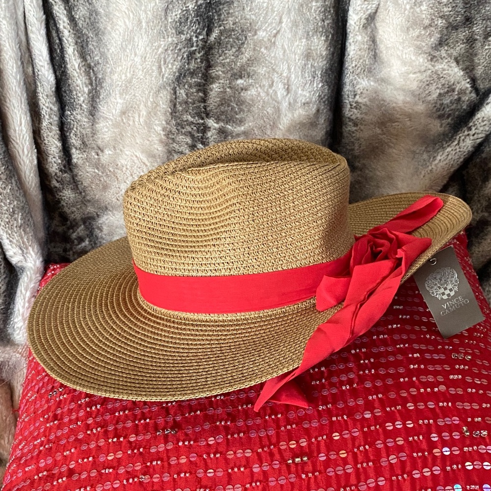 Vince Camuto Shimmery Beautiful Beach Hat With Red Ribbon NWT